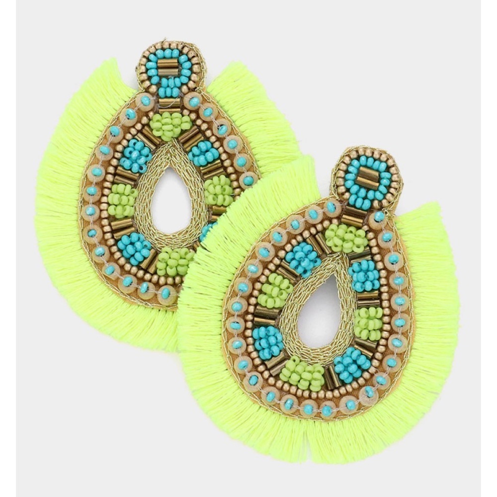 Boutique Boho beaded, neon green Tassel fringe statement earrings